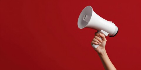 Hand holding white megaphone against bold red background