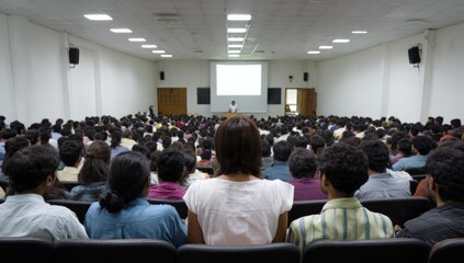 Large lecture hall with diverse students watching presentation