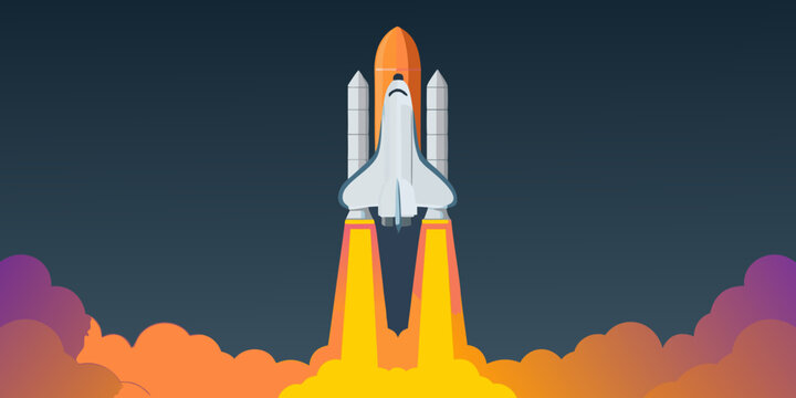 A cartoon space shuttle launching with bright orange and yellow flames