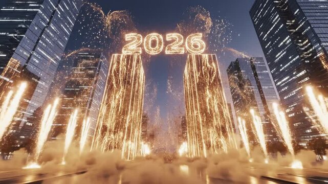 Futuristic New Year 2026 Celebration With Sparkling Fireworks Over Cityscape