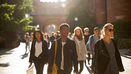 Diverse young adults walking through sunlit urban street in casual outfits
