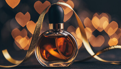 Glossy perfume bottle with black matte cap and gold metallic ribbon, warm bokeh heart lights in background, romantic and elegant atmosphere, luxury fragrance