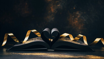 Open book heart fold gold ribbon black background romantic moody glitter valentine love creative flat lay elegant festive