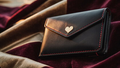 Black leather wallet with gold heart emblem, subtle red stitching, elegant design, premium accessory, stylish and sophisticated, placed on velvet fabric