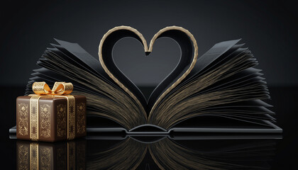 Open book with pages forming heart shape, elegant gold and black color scheme, luxury chocolate gift box, romantic and sophisticated atmosphere