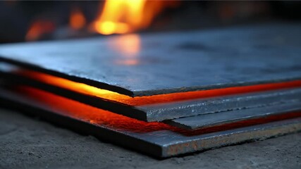 Closeup medium shot capturing metal sheets undergoing heat exposure during fire safety testing to evaluate durability and resistance.