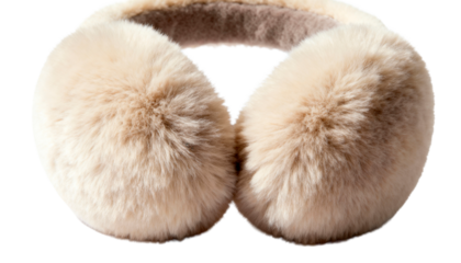 Fluffy Faux Fur Earmuffs in Neutral Tone, Trendy Warm Winter Accessory Isolated on White Background