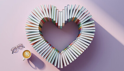 Books arranged in heart shape on pastel pink surface with cup of coffee and eyeglasses, creating warm and inviting atmosphere for reading and relaxation