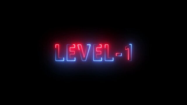 Level -1 neon bright text font colorful motion animation. Ideal for futuristic game intros animation. Neon level 1 up sing on black background.