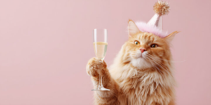 Cat celebrating party wearing a hat with sparkler and holding a glass of champagne, happy birthday or new year