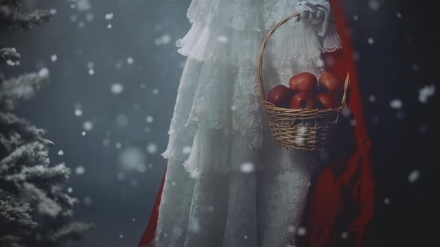 silhouette gothic woman queen walking in dark night forest tree winter nature snow falling, fairy tale lady. Fantasy girl princess hands holding basket of apples. red cape white dress. moon light fog