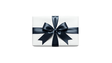 Elegant White Gift Box with Navy Blue Ribbon and Bow, Isolated on Transparent Background