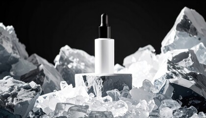 Serum bottle on ice cubes with cosmetic product, skincare, and beauty concept.
