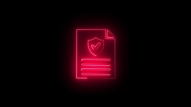 Glowing neon digital document verification animation featuring secure approval check marks, online workflow elements, and data validation icons with alpha channel support