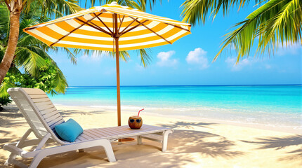 Stunning tropical beach escape with sun lounger and refreshing coconut drink under blue sky