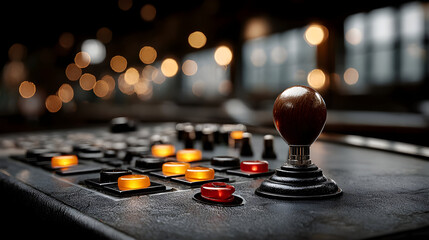 Close-up View of a Retro Futuristic Control Panel with Orange and Red Illuminated Buttons