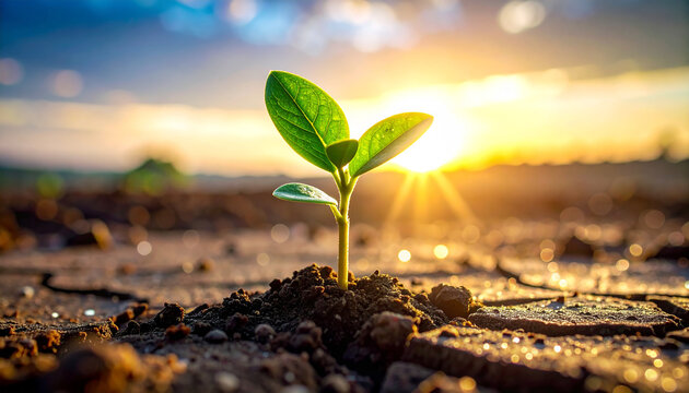 Emergence of Life: Witness the birth of resilience as a single, vibrant sprout emerges from the parched earth, its fresh green leaves reaching towards the warm embrace of the sun.