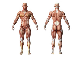 Anatomical illustration of the human muscular system, showing anterior and posterior views, isolated on transparent background