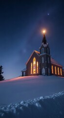Illuminated church on a snowy hill at night, with a bright star on its steeple, symbolizing Christmas and holiday celebration.