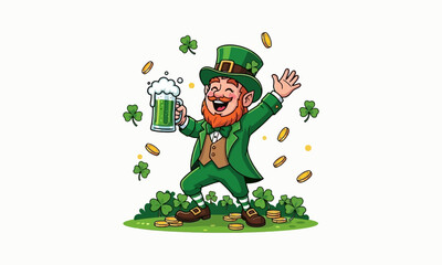 Adorable Leprechaun with a Beer Mug and Shamrocks, St vector eps