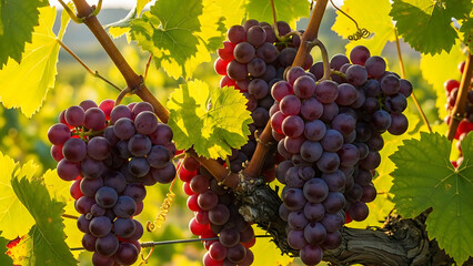 Sun-kissed clusters of vibrant red wine grapes ripening on the vine in a picturesque vineyard during the late summer harvest season, showcasing the natural beauty of viticulture