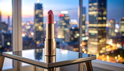 Luxury lipstick on table with city skyline bokeh.