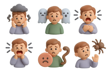 Anxiety and fear icons in 3d style for mental health awareness and design
