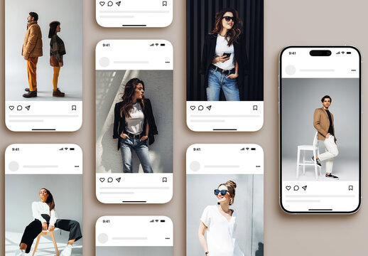 Phone Screen Social Media Post and Stories Feed Mockup Isolated