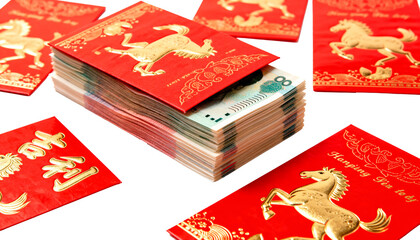 Stack of red Chinese New Year hongbao envelopes filled with money, featuring a gold Year of the Horse pattern, isolated on a white background.