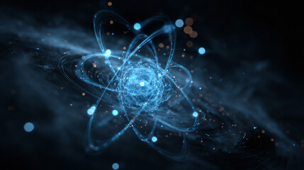 An illuminated atom in a science illustration, showcasing the intricate structure of its particles