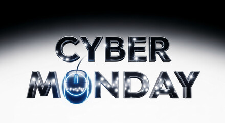 Chrome letters "Cyber Monday" with a glowing mouse, representing online shopping and digital promotion, ideal for ecommerce advertisement and marketing