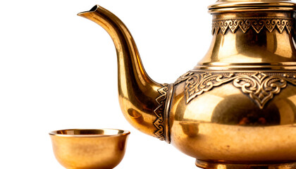 Traditional Arabic Dallah Coffee Pot and Small Cup Isolated on White Background, Symbolizing Ramadan Hospitality and Middle Eastern Culture