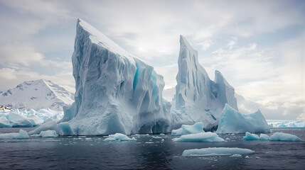 Jagged blue icebergs floating in dark ocean water, mountainous icy landscape with clouds, dramatic frozen arctic scene