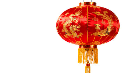 Traditional Red Chinese Lantern with Gold Tassels and Intricate Pattern. Festive Asian Decor Element, Isolated on White