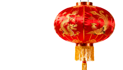 Traditional Red Chinese Lantern with Gold Tassels and Intricate Pattern. Festive Asian Decor Element, Isolated on White