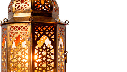 Traditional Metal Ramadan Fanous Lantern with Intricate Cut-out Patterns, Evoking Warm Spiritual Ambiance, Isolated on White