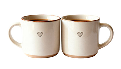 Two matching ceramic coffee mugs with small heart prints, symbolizing a couple's breakfast or romantic morning, isolated on a clean white background.