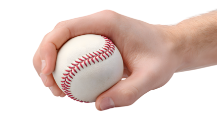A close up horizontal studio shot of baseball in light-skinned man hand on isolated background with clipping path for sports designs