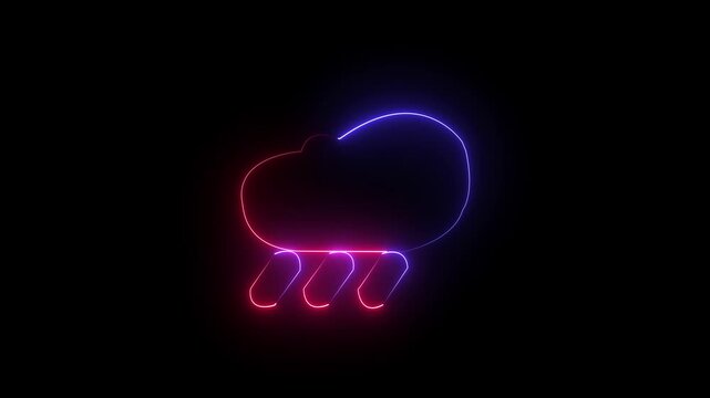Vivid neon cloud animation with glowing green and purple raindrops, forming a bright futuristic weather effect and atmospheric visual set on a sleek dark black background.