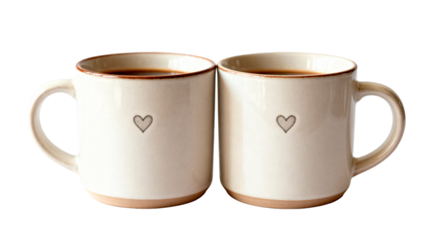 Two matching ceramic coffee mugs with small heart prints, symbolizing a couple's breakfast or romantic morning, isolated on a clean white background. - Powered by Adobe