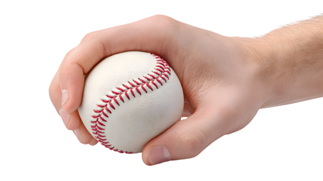 A close up horizontal studio shot of baseball in light-skinned man hand on isolated background with clipping path for sports designs - Powered by Adobe