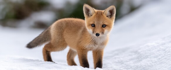 Obraz premium A fox kit cheerfully checking out the snowy earth and frosty terrain.