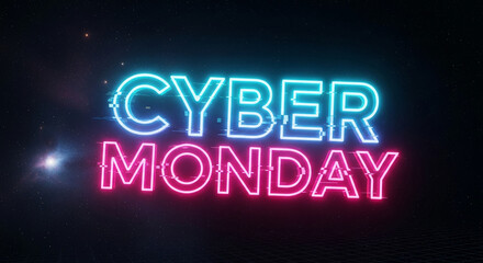 Image of neon "Cyber Monday" text in blue and pink against starry space background, representing technology and sales event promotion