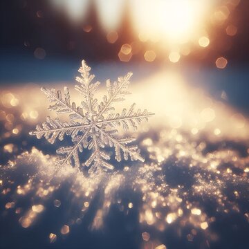 A close-up photograph of a detailed, crystalline snowflake resting on fresh snow, illuminated by warm sunlight. The image captures the delicate structure, sparkling texture, and winter atmosphere with
