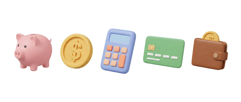 3D rendered financial icons including a piggy bank, dollar coin, calculator, credit card, and wallet on a white background.