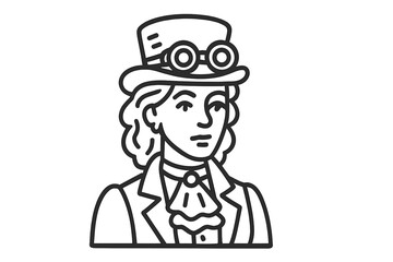 Steampunk character portrait with top hat and goggles monochrome line drawing