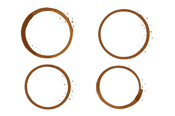 Four brown coffee cup rings and stains isolated on a clean white background