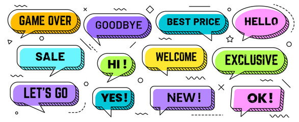Obraz premium Memphis speech bubbles. Funky comic talk cloud, chat message graphic symbols. Memphis comic speech bubbles, talk dialog or text vector banners with game over, goodby, best spice and hello, hi words