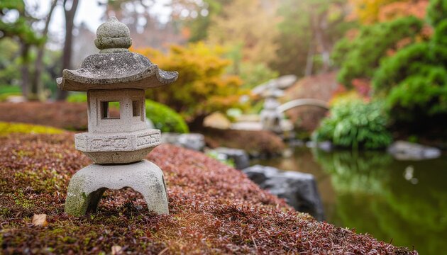 Traditional stone lantern in a warm earth tone garden, soft golden light - Powered by Adobe