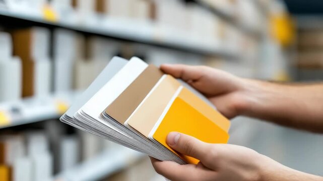 hands holding color palette for roof tiles, blurred store shelves in background, clean product display,